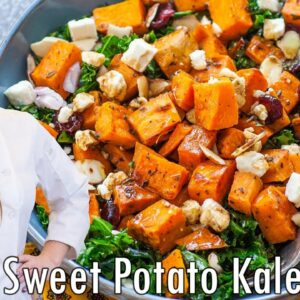 EASY Kale & Sweet Potato Salad Recipe!! With Almonds, Cranberries & Cheese!!