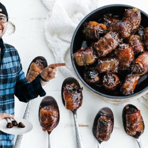 Bacon Wrapped Dates with Bourbon Caramel Sauce