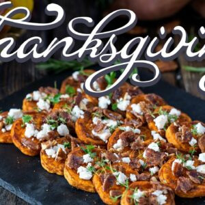 Thanksgiving Side Dishes – Roasted Sweet Potatoes with Goat Cheese and Candied Bacon