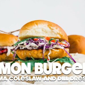 Salmon Burgers Recipe with Jicama Coleslaw and Dill Dressing