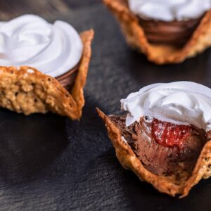 Oatmeal Lace Cookie Cups with Whipped Chocolate Ganache and Strawberry Jam