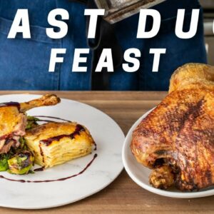 Roast Duck Feast (Potatoes Au Gratin and Brussel Sprouts with Caramelized Leeks)