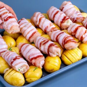 You asked me to show you how to cook chicken rolls in bacon, with new potatoes!